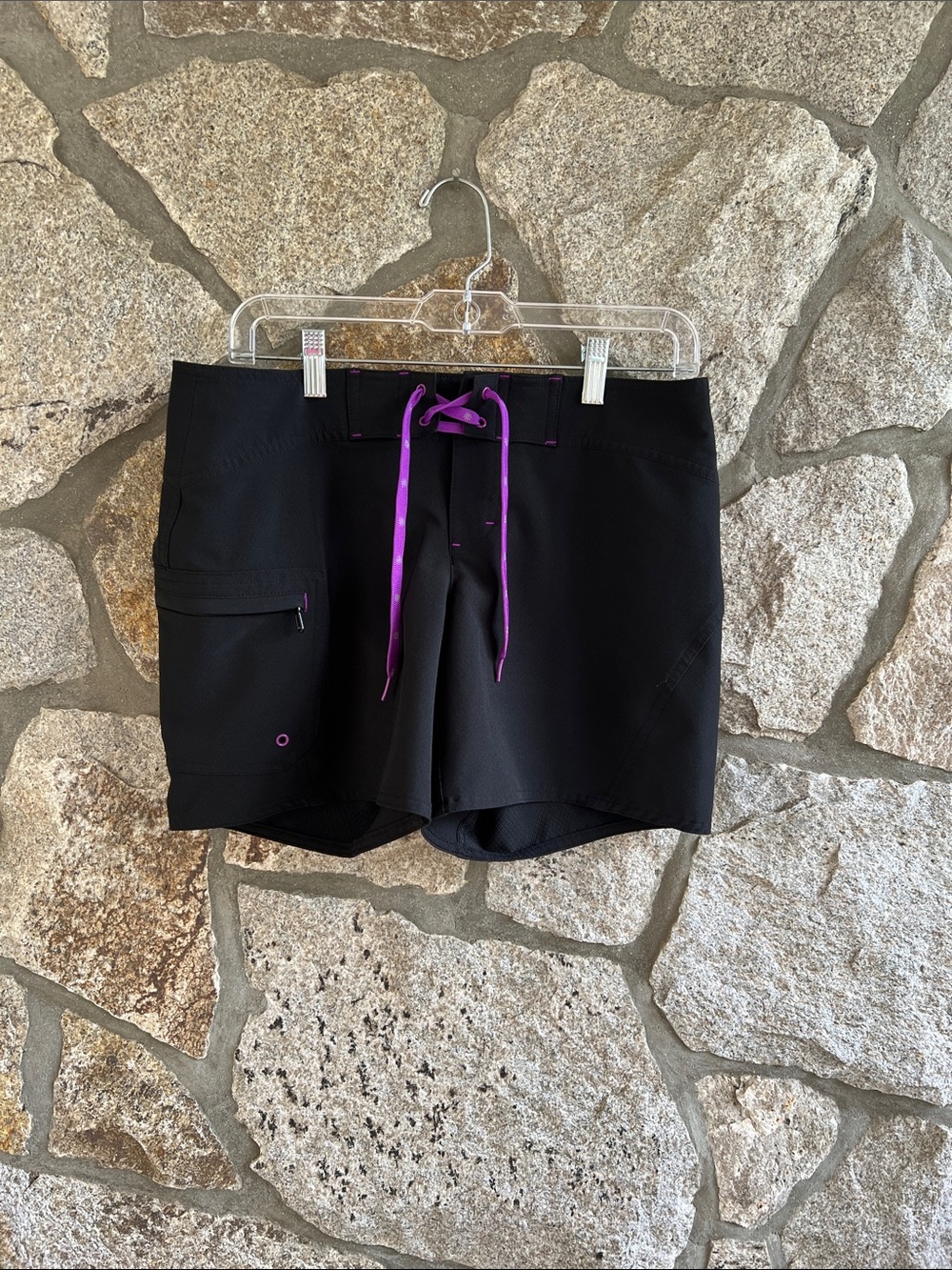 Athleta Black Swim Board Shorts with Purple Drawstring